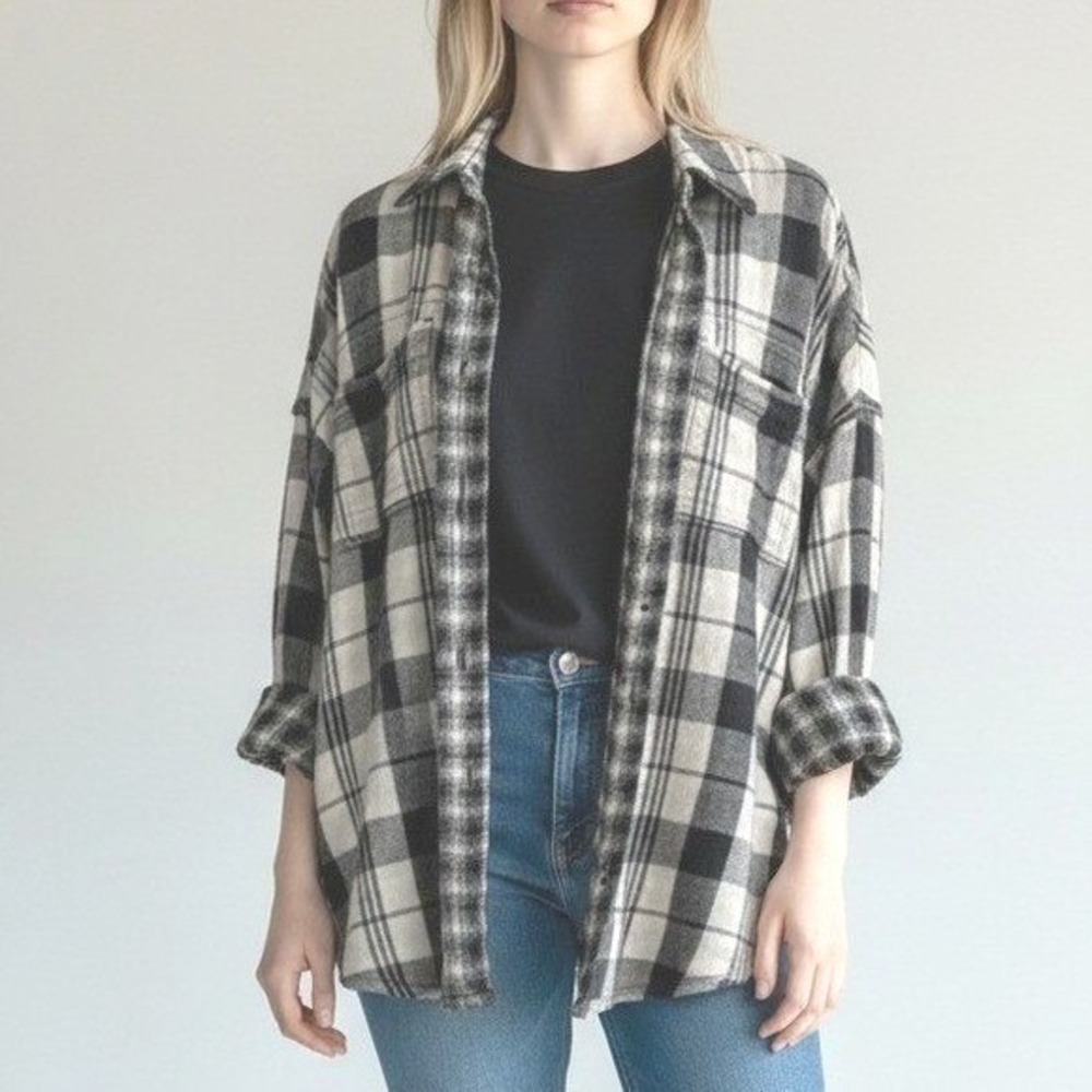 Grunge Goth Indie Flannel Button Up Oversized Plaid Black White‎ Womens Large